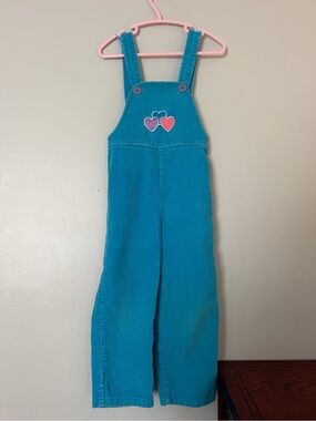 Vintage Kids Teal Corduroy Overalls with Heart Patches